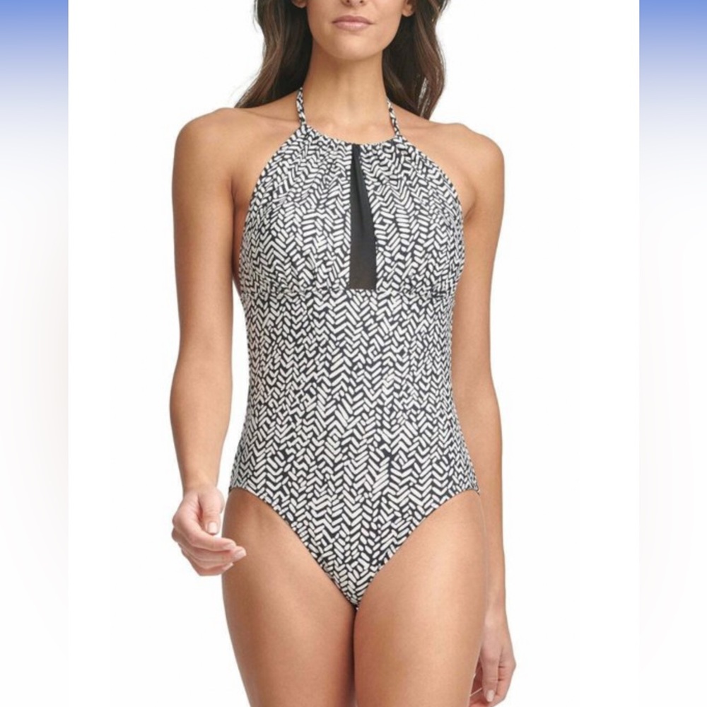 CALVIN KLEIN black white chevron halter one piece swimsuit 14 CG1MQJ755